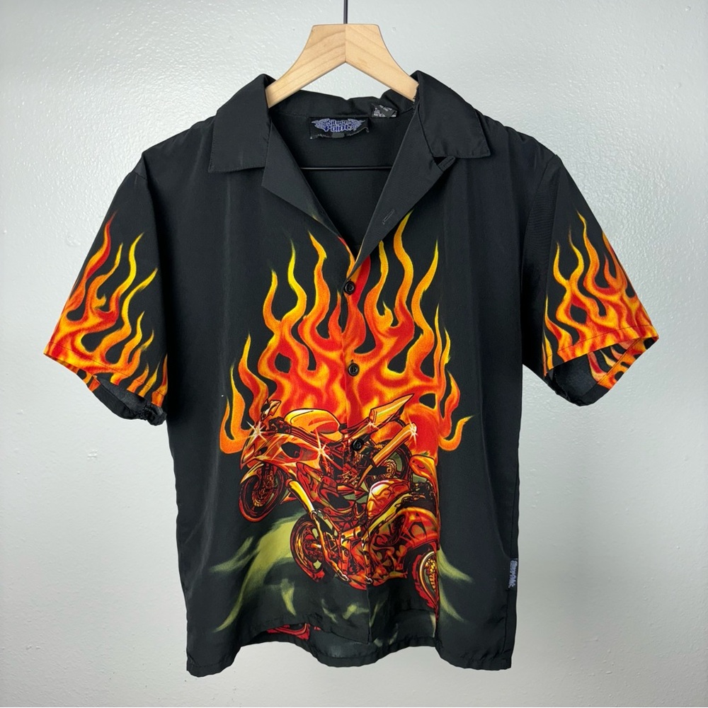 Vintage Y2K Silver Point Flames Button Shirt Women's Medium Grunge Skate Cyber